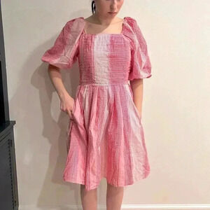 IVY CITY CO gingham plaid puff sleeve square neck cotton smocked sundress sz S